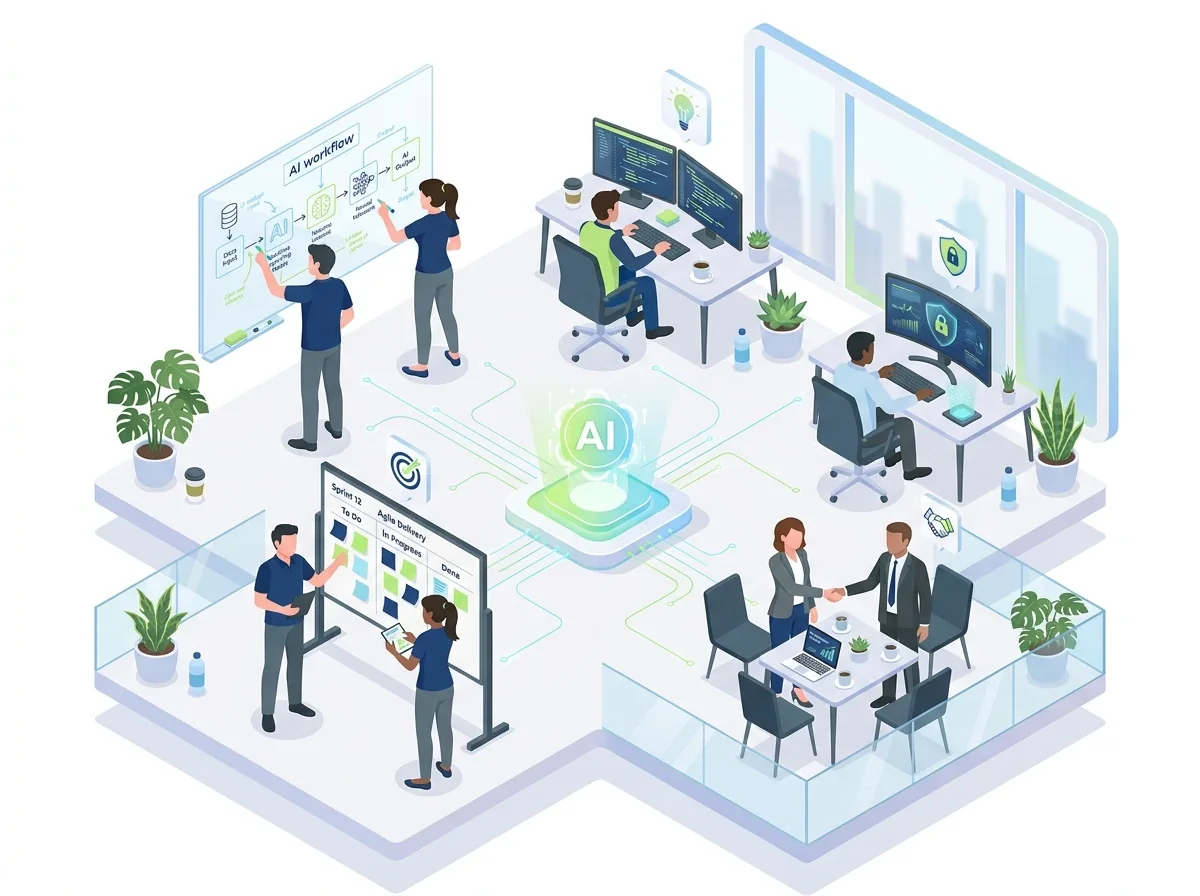 Isometric illustration of the Eon IT in-house team designing AI workflows, coding, securing systems, running agile sprints and meeting clients