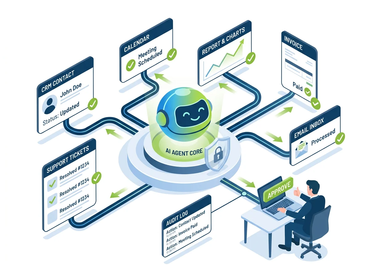 Isometric illustration of an AI agent connected to CRM, tickets, invoices, email and calendar, with guardrails, human approval and an audit log