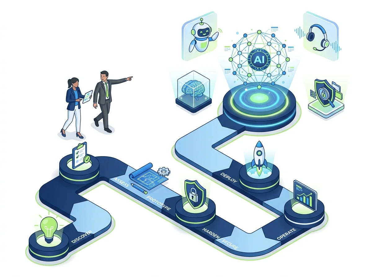 Isometric illustration of the AI consulting journey from discover to operate, leading to AI agents, voice agents, private LLMs and AI security