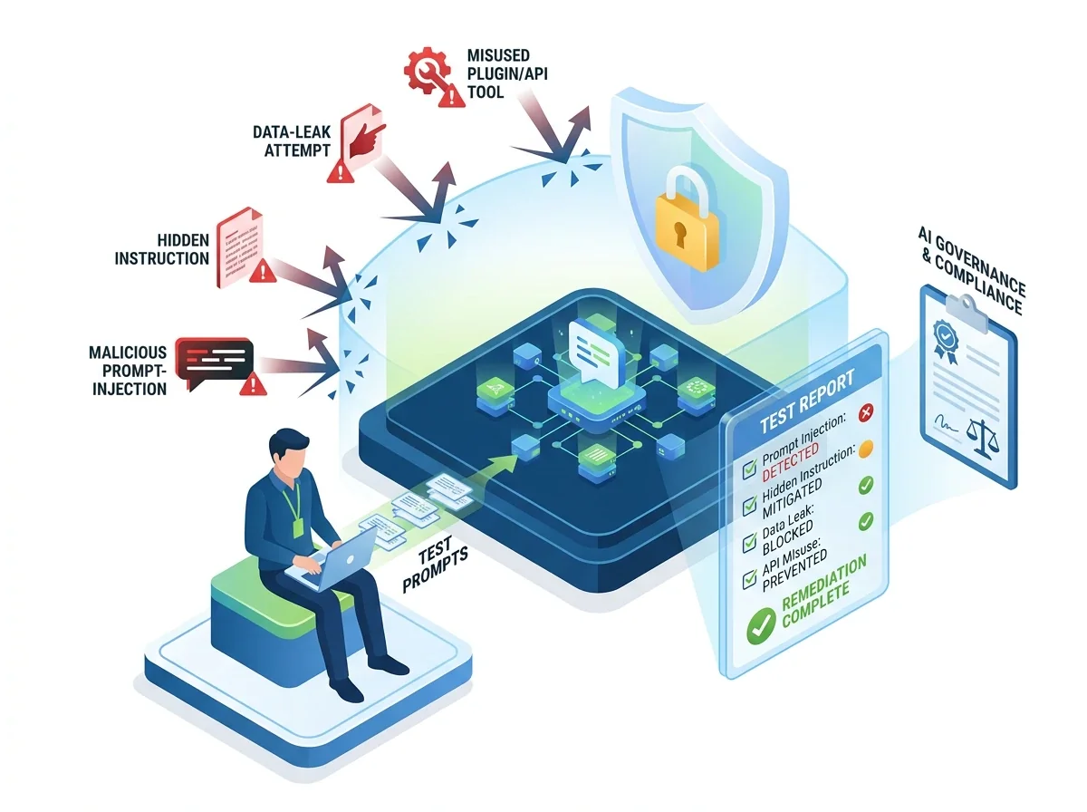 Isometric illustration of AI security testing with prompt injection, data leakage and tool misuse attacks deflected by a shield, and a test report
