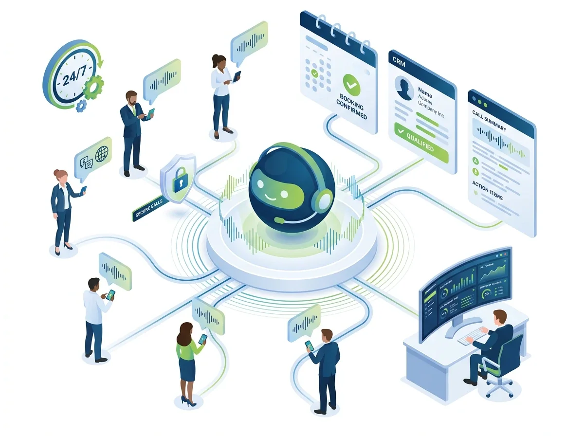 Isometric illustration of an AI voice agent answering calls 24/7, booking appointments, qualifying leads and summarising calls