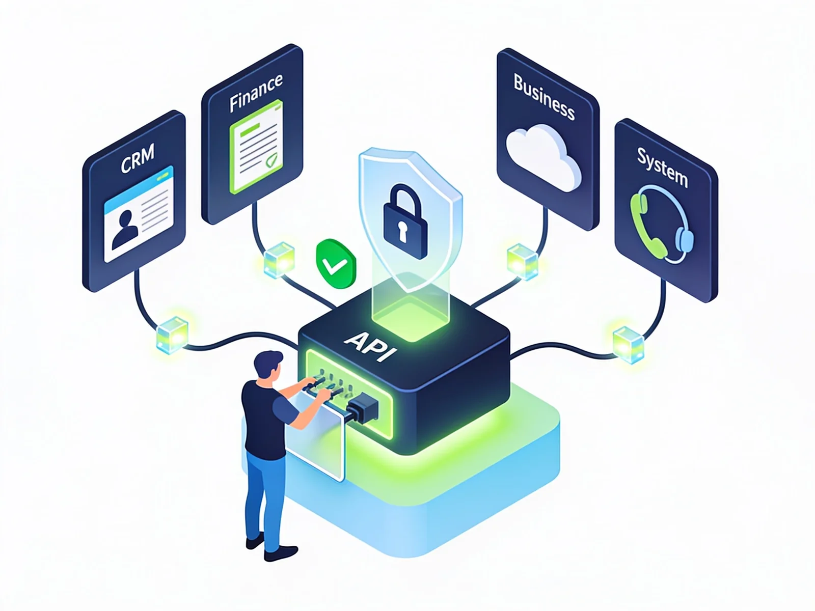 Isometric illustration of a secure API hub connecting CRM, finance, cloud and phone systems