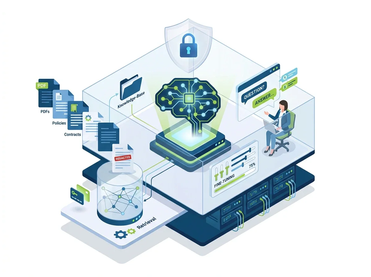 Isometric illustration of a private LLM in a secure enclosure with document retrieval, redaction, fine-tuning and on-premise servers