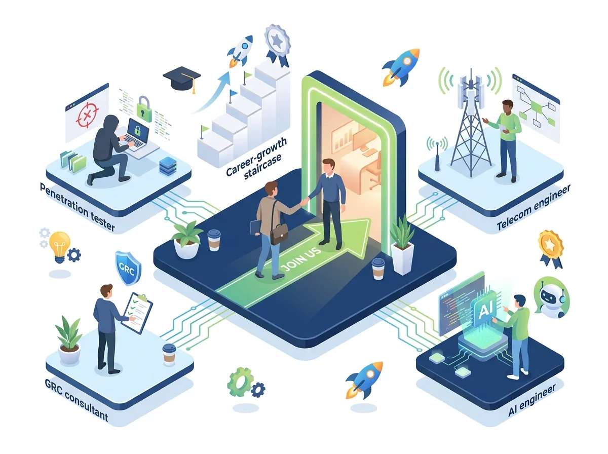 Isometric illustration of a new team member being welcomed, with penetration tester, telecom engineer, GRC consultant and AI engineer roles