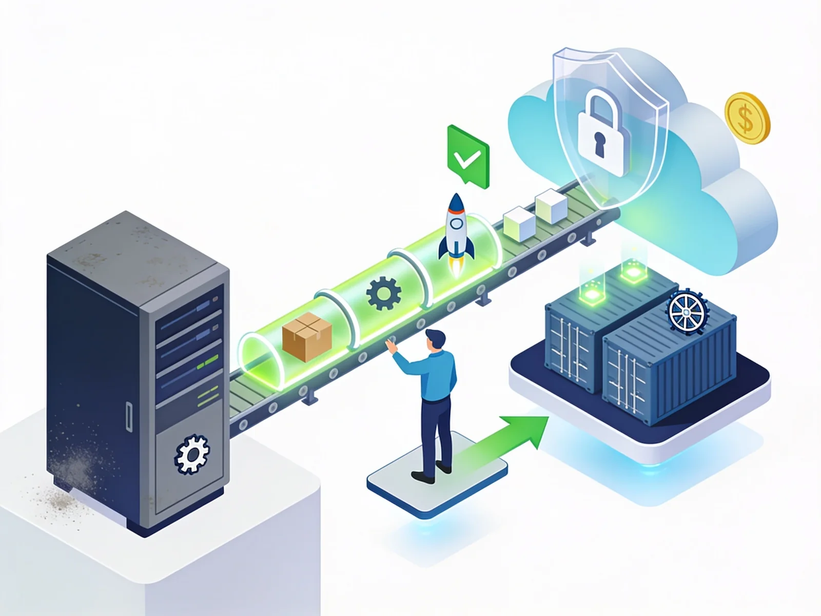 Isometric illustration of a legacy server being migrated through a DevOps pipeline to a secure cloud platform