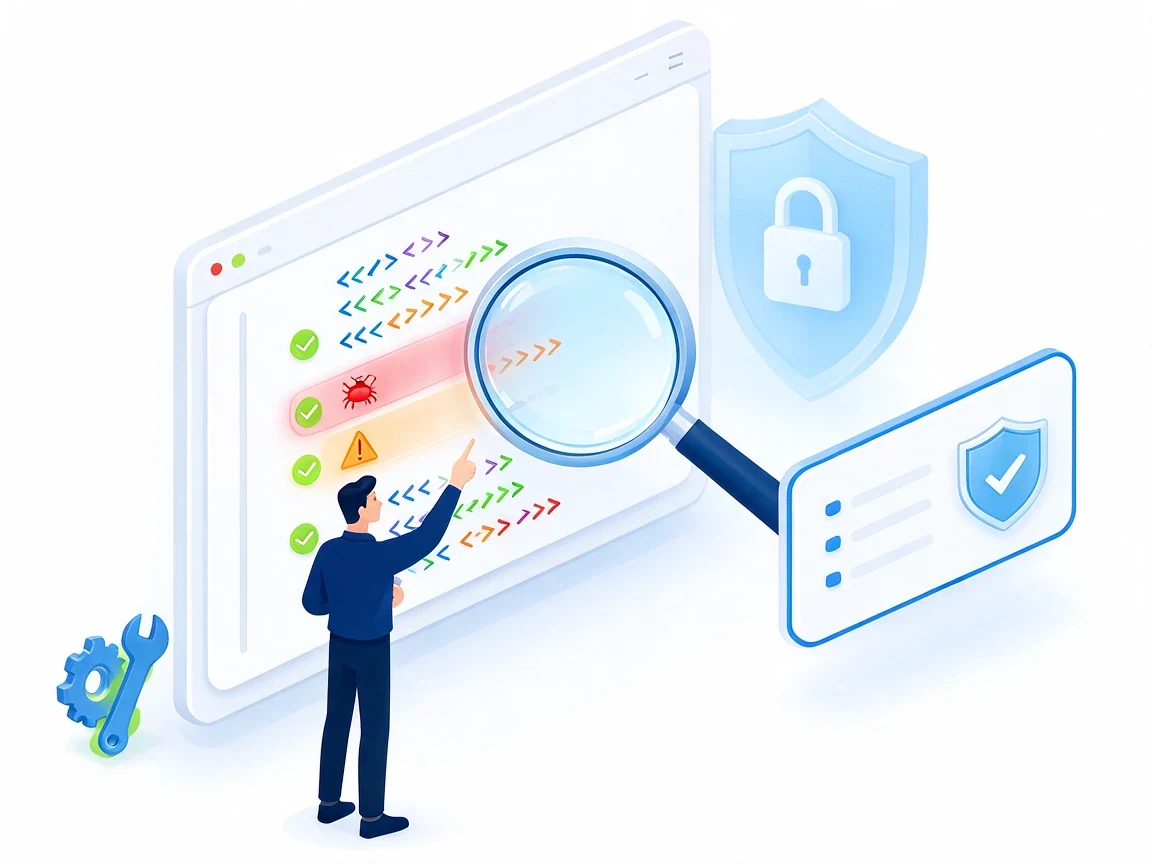 Isometric illustration of a security engineer reviewing source code with a magnifying glass, highlighting a bug and a warning