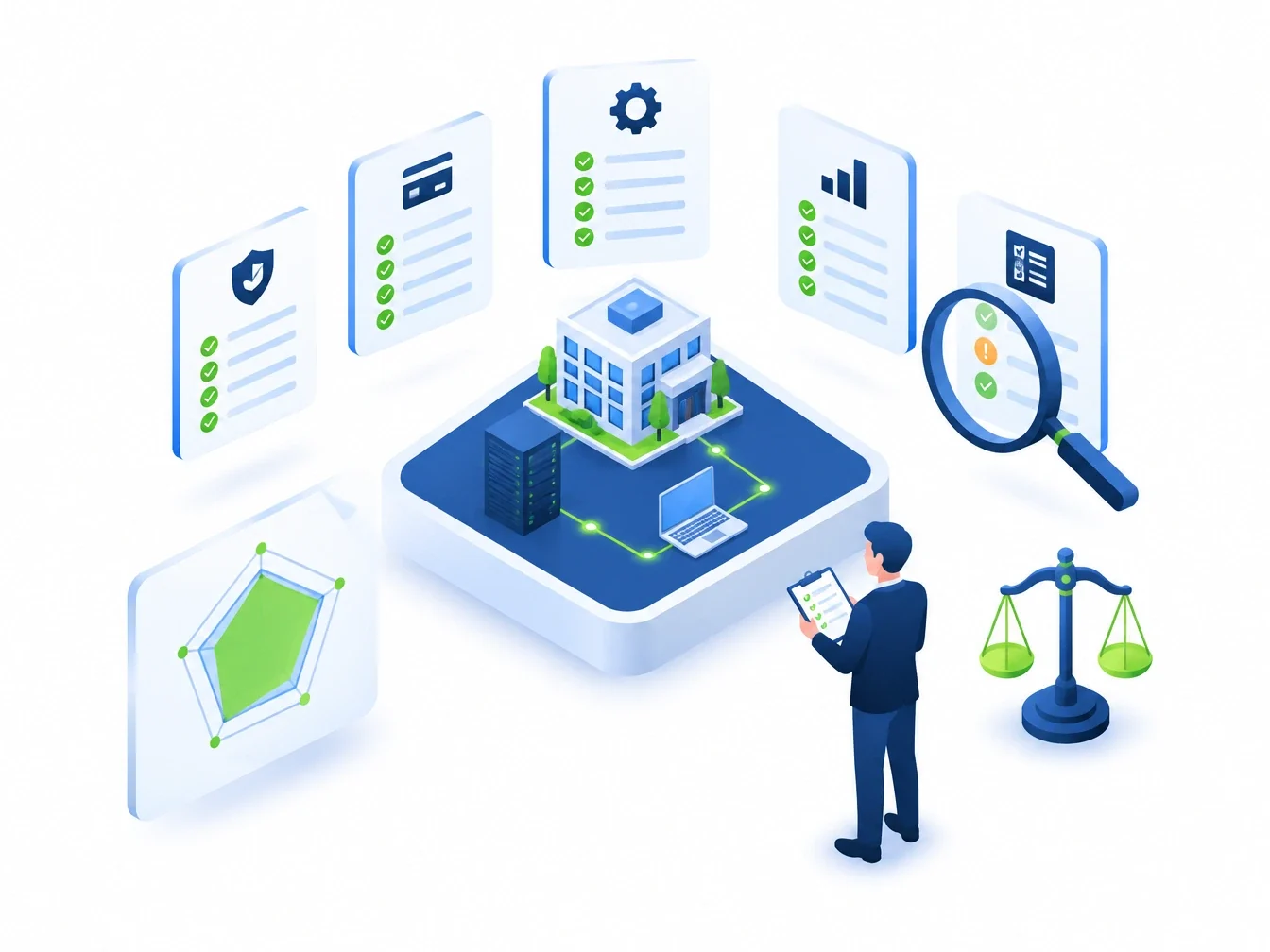 Isometric illustration of a consultant reviewing a company against five compliance framework checklists, with a gap highlighted and a gap-analysis chart