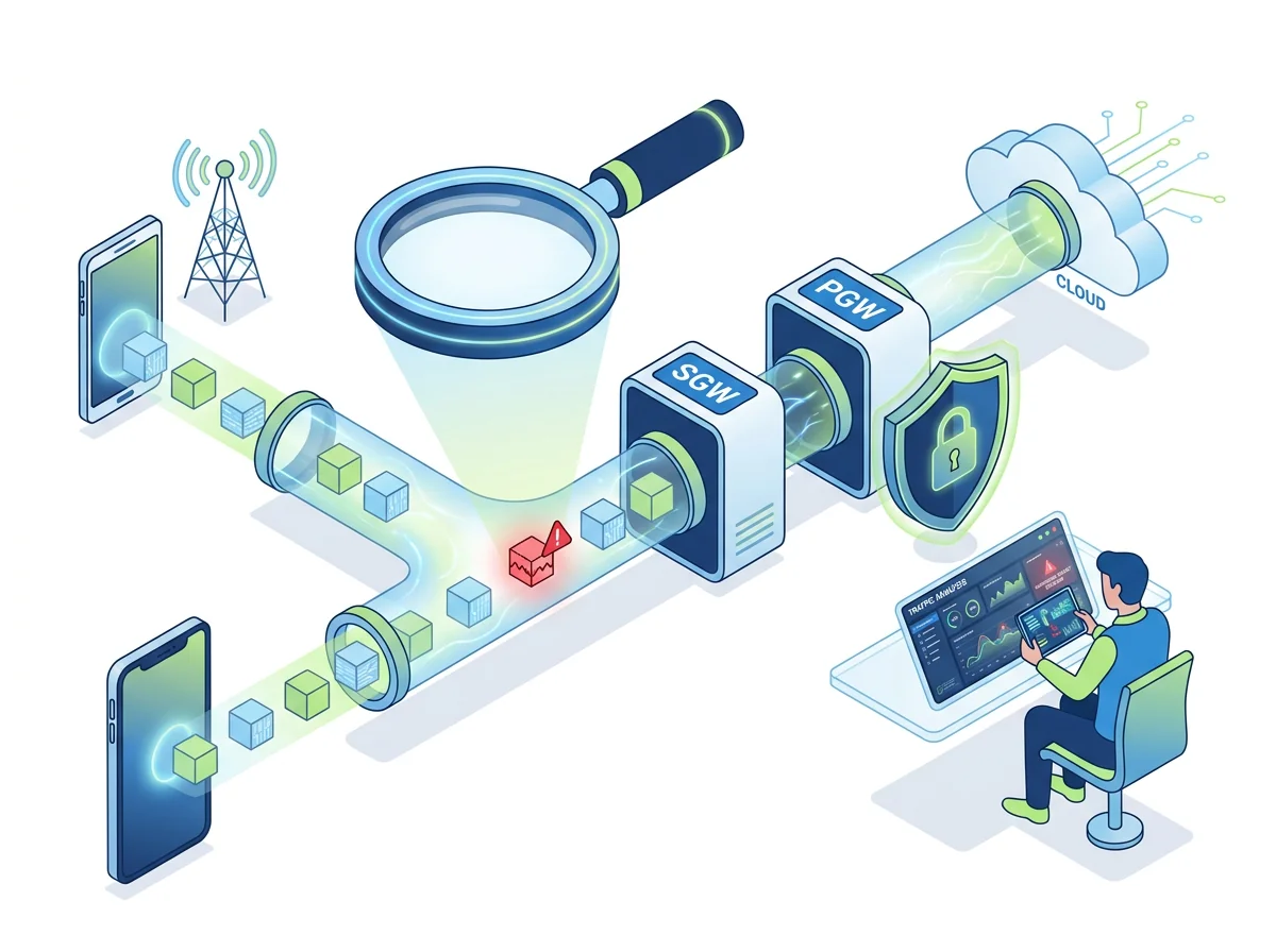 Isometric illustration of GTP data tunnel inspection between SGW and PGW gateways