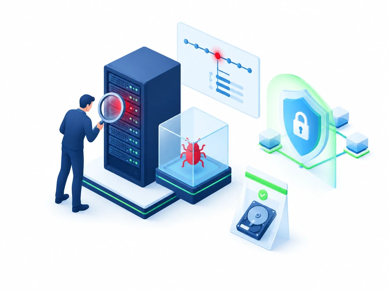 Isometric illustration of a forensic analyst investigating a compromised server, with malware isolated in a sandbox and preserved evidence