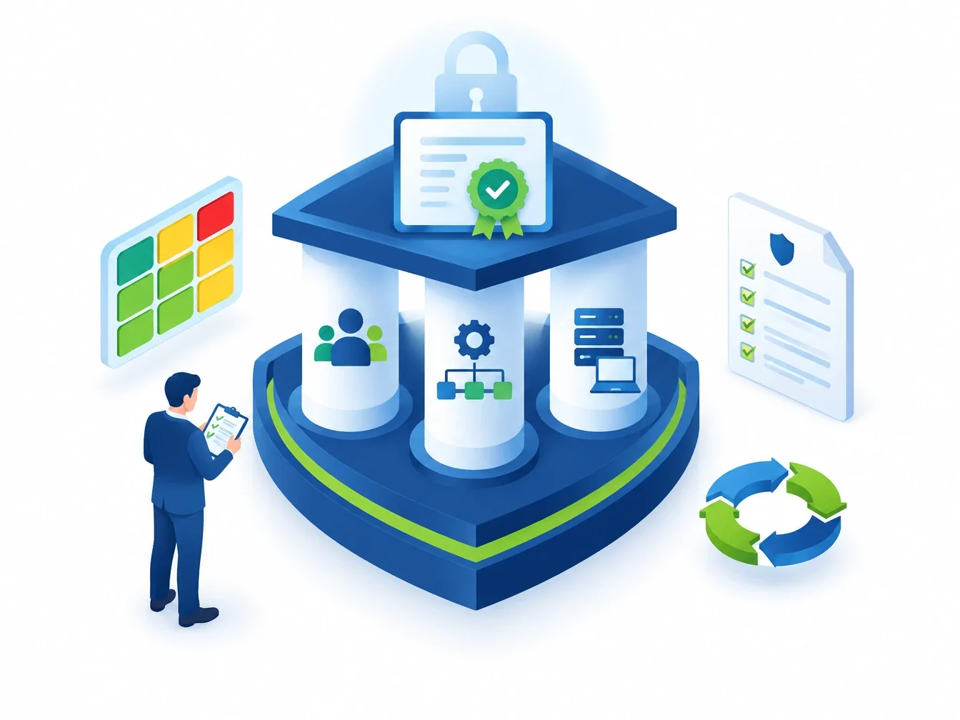 Isometric illustration of an ISO 27001 ISMS built on people, process and technology pillars, with a certificate, risk heat map and continual improvement cycle
