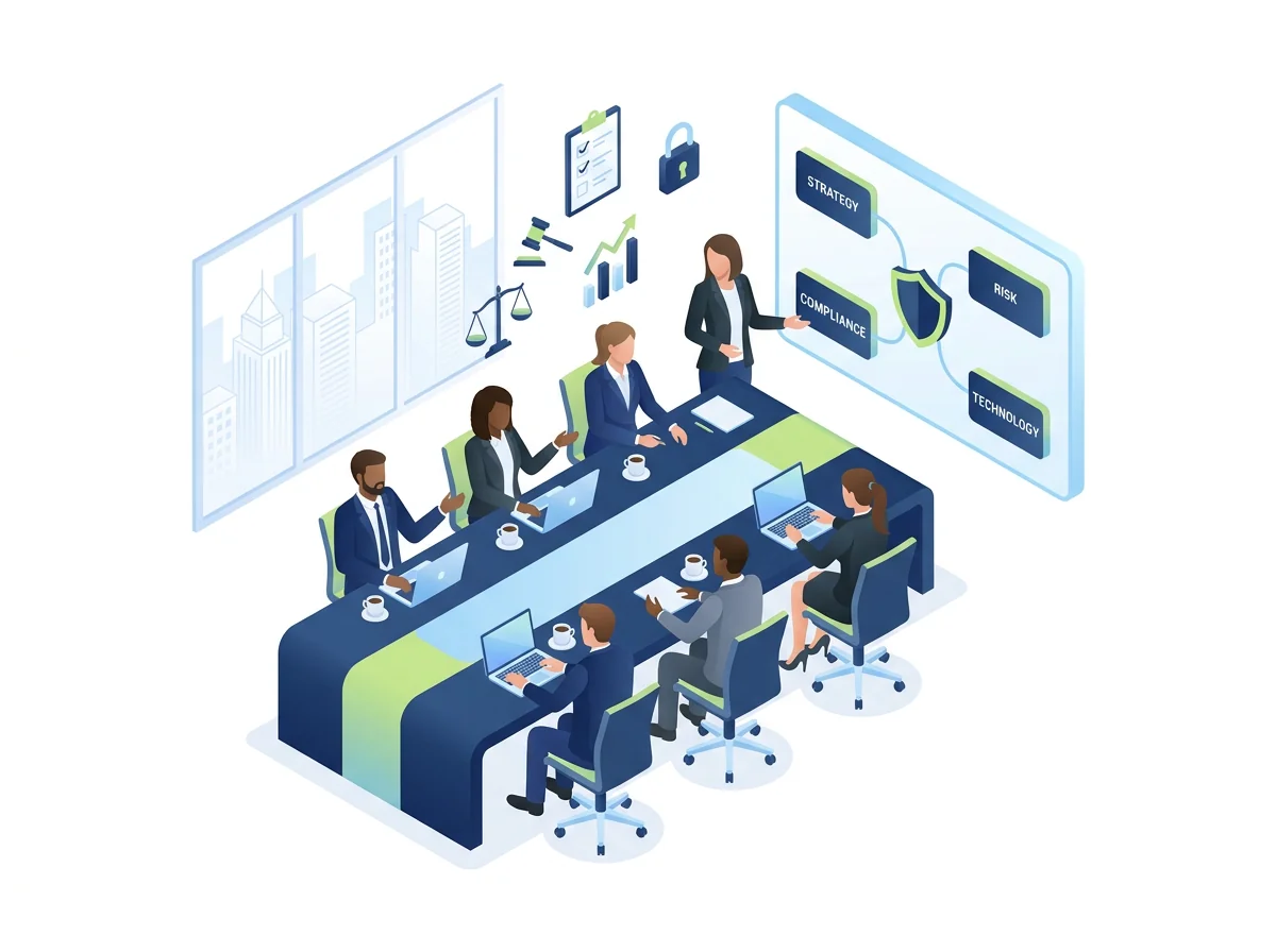 Isometric illustration of executives in a boardroom IT governance workshop