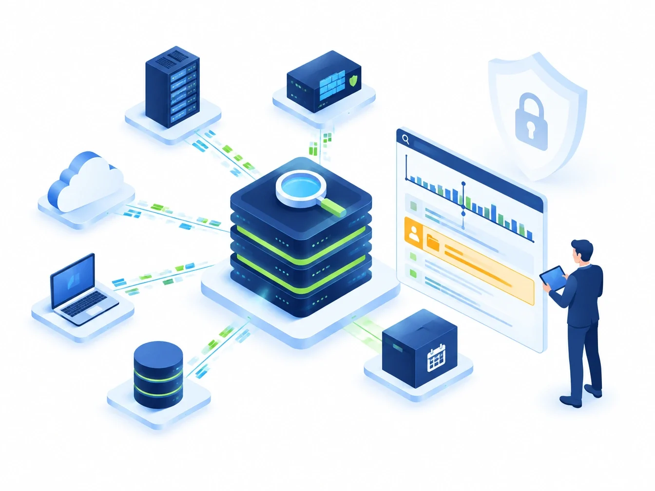 Isometric illustration of servers, firewall, cloud and devices streaming logs into a searchable log store, with a highlighted file-access event