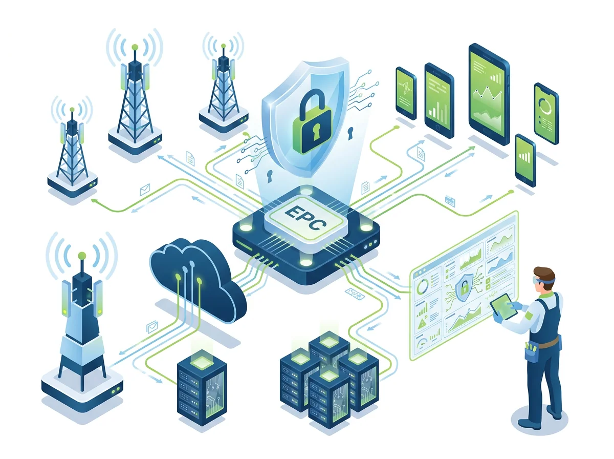 Isometric illustration of a secured LTE mobile core network with cell towers, EPC hub and security shield