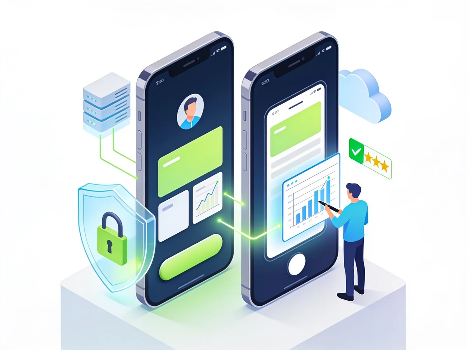 Isometric illustration of iOS and Android mobile apps connected to a secure backend, with a developer testing