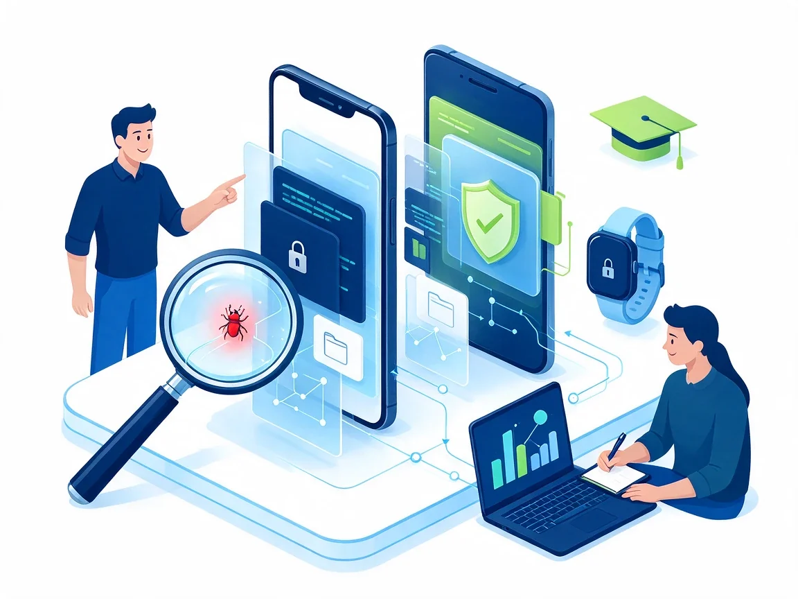 Isometric illustration of an instructor and trainee testing iOS and Android app security, with a bug found under a magnifying glass