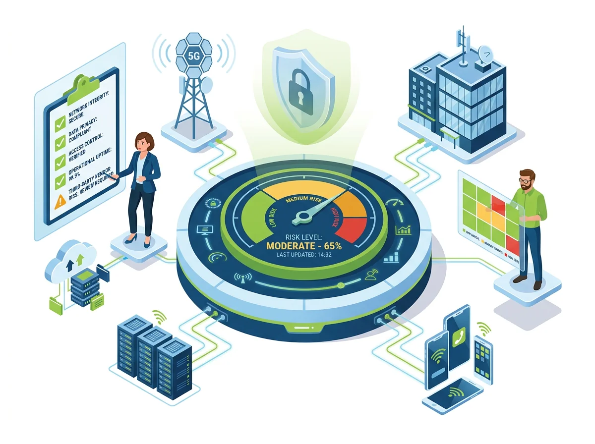 Isometric illustration of a mobile operator risk assessment dashboard with checklist and risk heat map