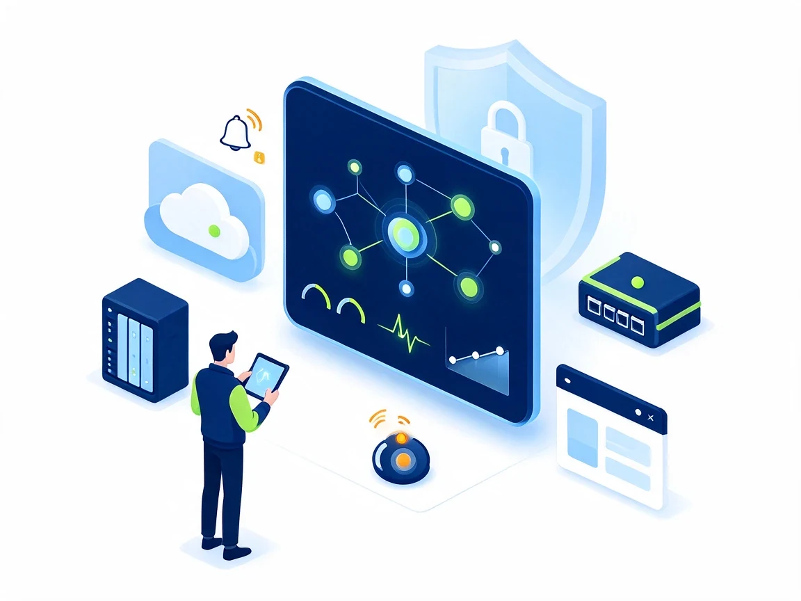 Isometric illustration of a security monitoring dashboard correlating events from servers, cloud and network devices, with an alert