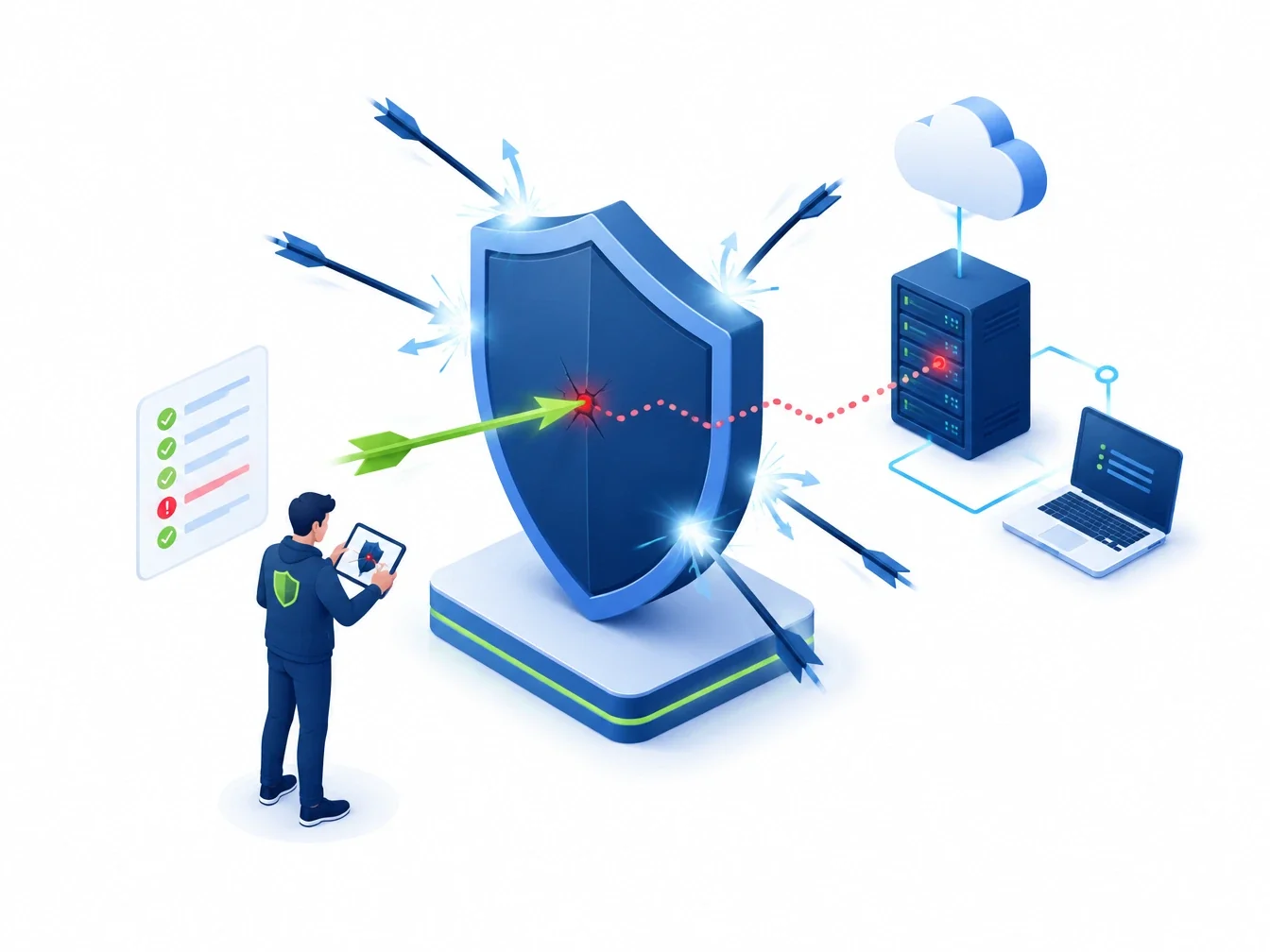 Isometric illustration of a penetration tester finding the weakest point in a security shield while other attacks are deflected