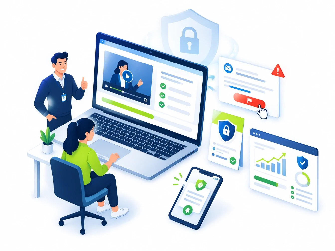 Isometric illustration of staff completing security awareness e-learning, reporting a phishing email, with a progress dashboard