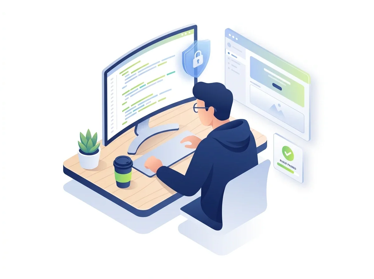 Isometric illustration of a software engineer writing secure code, with a web app preview and a build passed check