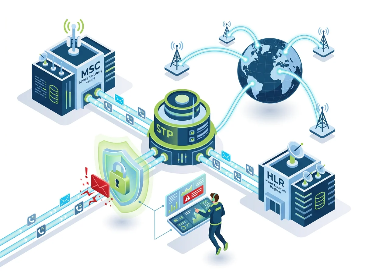 Isometric illustration of an SS7 signalling network with MSC, STP and HLR, and a malicious message blocked by a security shield