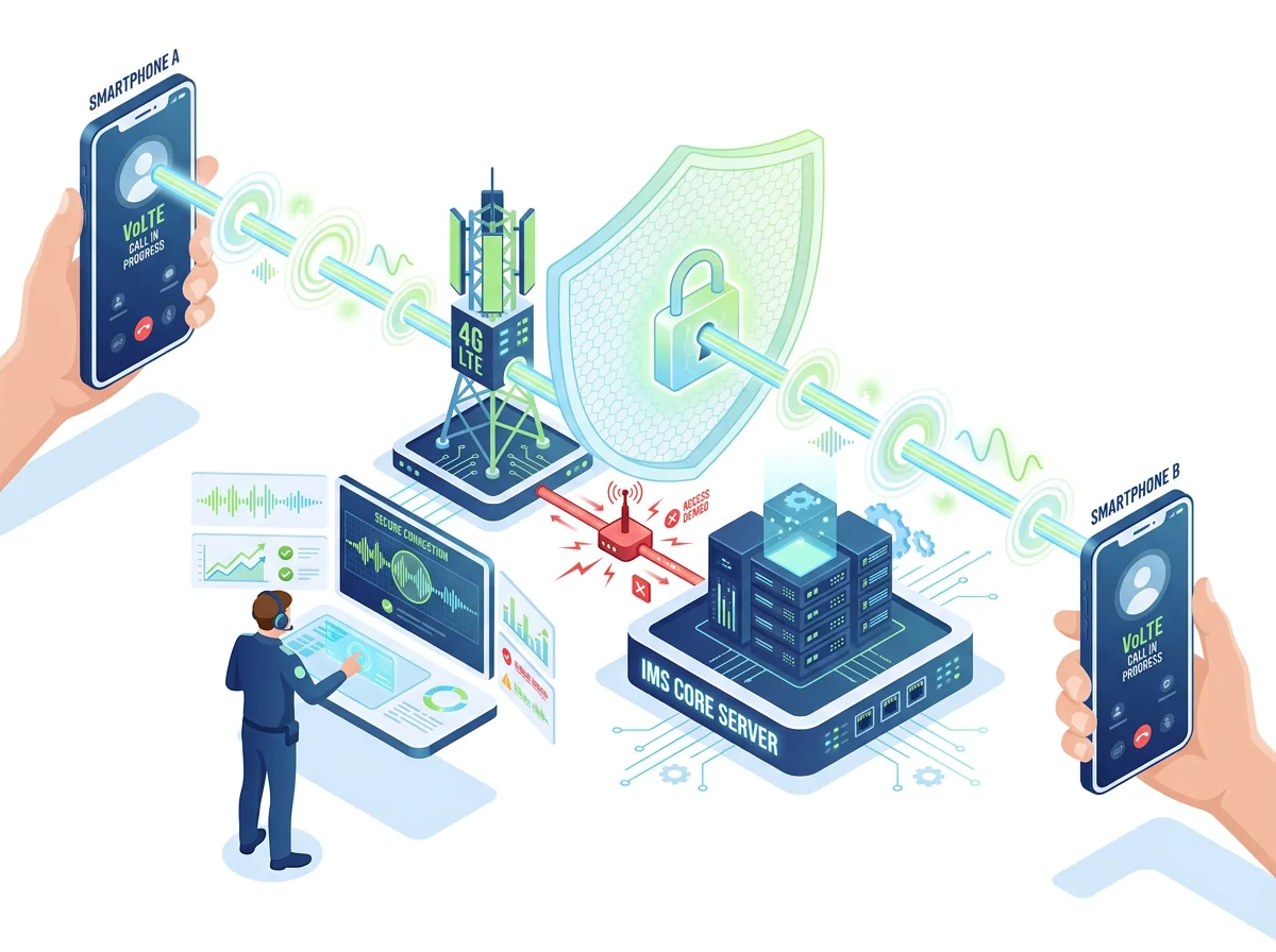 Isometric illustration of a secured VoLTE call between two smartphones via a 4G tower and IMS core, with an eavesdropping attempt blocked