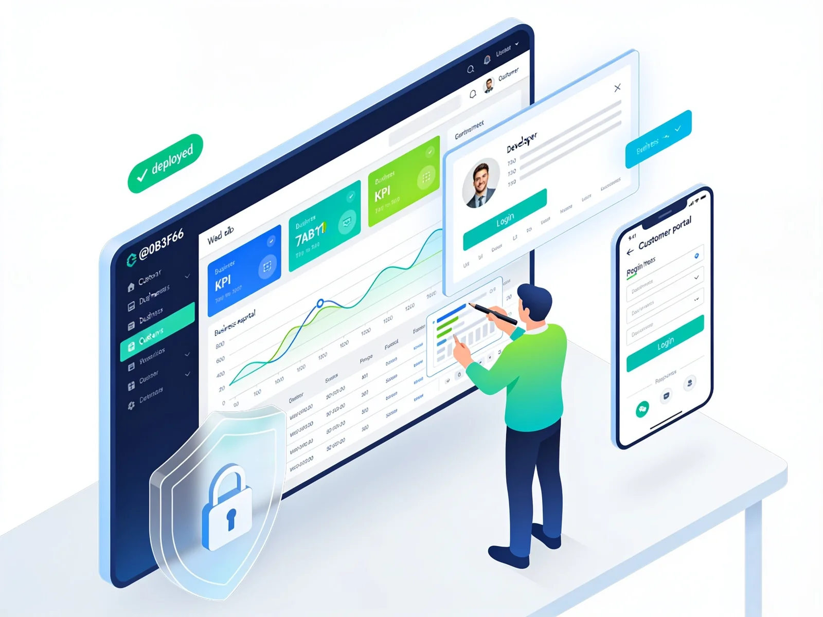 Isometric illustration of a developer building a secure web application dashboard with a customer portal and mobile view